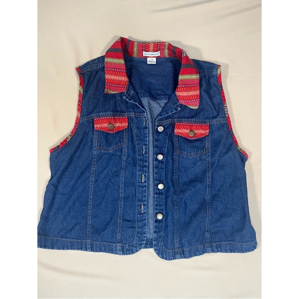Rebecca Malone Womens XL Blue Denim Vest Red Southwestern Woven Trim Country